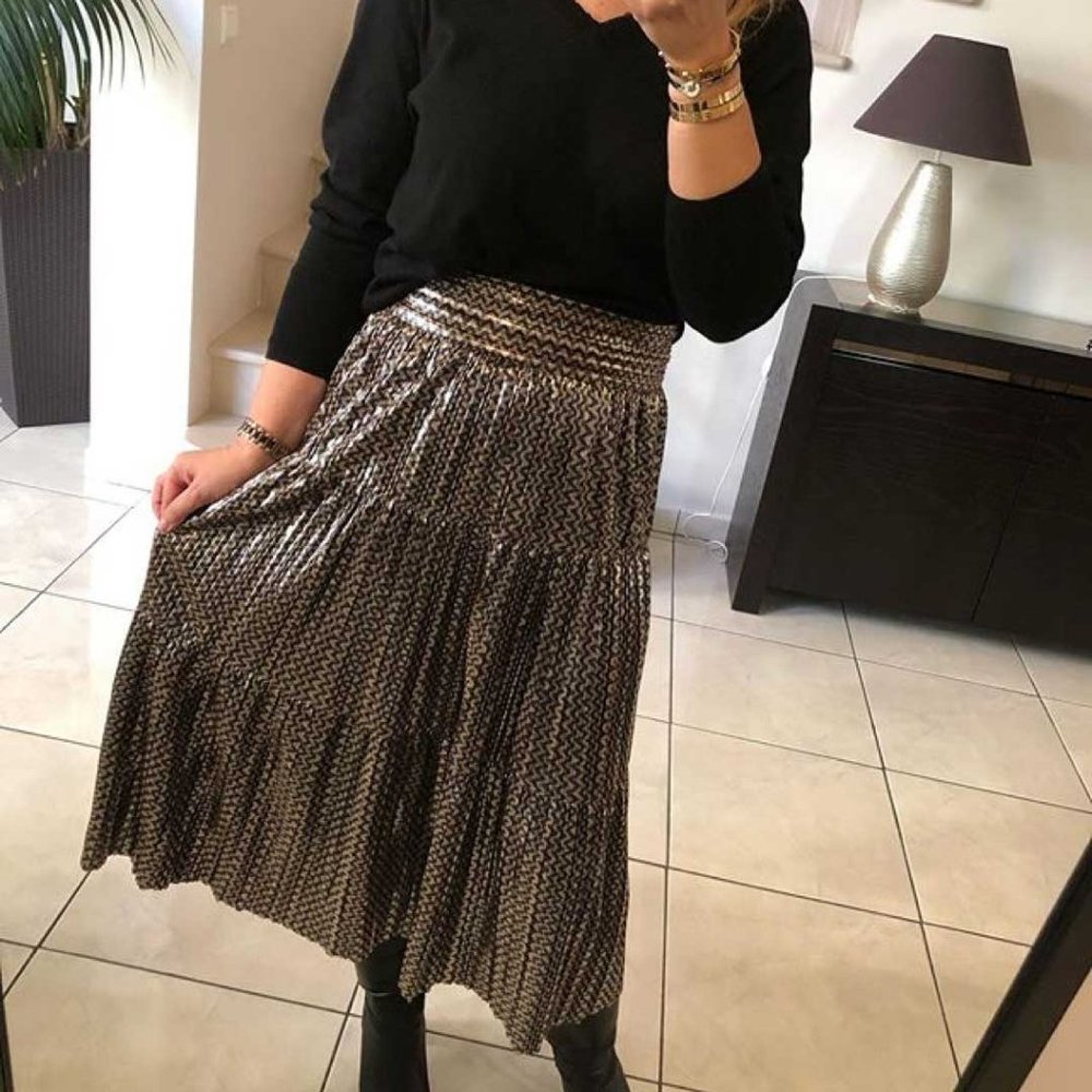 Ba&sh NEW Women's Metallic Poly Violet Tiered Pleated Midi Skirt Size 8 - Picture 5 of 16